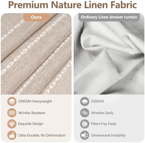Seenus Boho Farmhouse Linen Shower Curtain with Tassels, Tan Brown Heavyweight Soft Fabric Shower Curtain Striped, 72 x 72 Inch Taupe Water Repellent Rustic Country Bathroom Curtain Wrinkle-Free