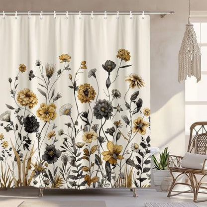 Vintage Boho Beige Floral Shower Curtain, Black Gold Rustic Farmhouse Flower Shower Curtain Set, Cute Botanical Wlidflowers Fabric Shower Curtains Decoration, 72X72 Aesthetic Bathroom Accessories