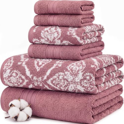 Modern Threads Amaris 6-Piece Reversible Yarn Dyed Jacquard Towel Set - Bath Towels, Hand Towels, & Washcloths - Super Absorbent & Quick Dry - 100% Combed Cotton, Rosewood