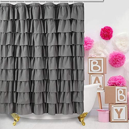 Gray Ruffle Shower Curtains For Bathroom, 72x72, Layered Tiered Ruffles