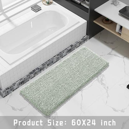 Yimobra Luxury Bathroom Rugs, Fluffy Bath Mats, Non Slip, Water Absorbent Microfiber, Machine Washable, Plush Runner Shower Rugs, Thick Matts for Bathroom Floor&Tub, 60" X 24", Light Green and White