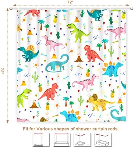 Shower Curtain Kids, Cartoon Dinosaur Shower Curtain Colorful Animals Plants for Boys Girls Polyester Fabric Waterproof Shower Curtain Sets Machine Washable Decor Bath Curtain
