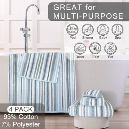 VOOVA & MOVAS Cotton Bath Towels 4 Pack, Cotton Blend, 28x52 in, Blue