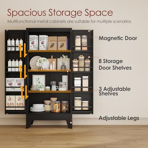 winiowa Metal Kitchen Pantry Storage Cabinet, Pantry Cabinet with Doors and Adjustable Shelves, Steel Storage Cabinet for Kitchen, Dining Room, Living Room-Black