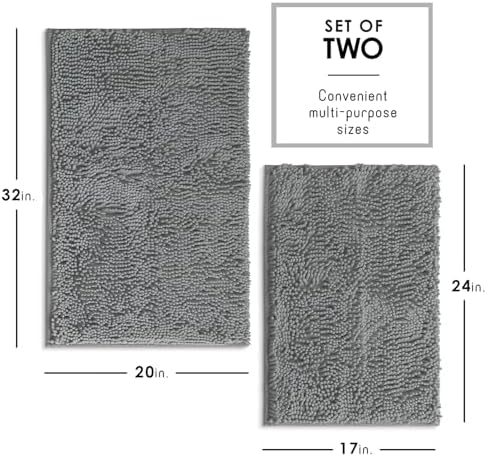 Hearth & Harbor Bathroom Rugs, Chenille Bath Mat - Machine Washable Bath Mats for Bathroom Non-Slip Backing Rubber, Quick Dry Bathroom Mat, 17 x 24 + 20 x 32 - Frost Grey