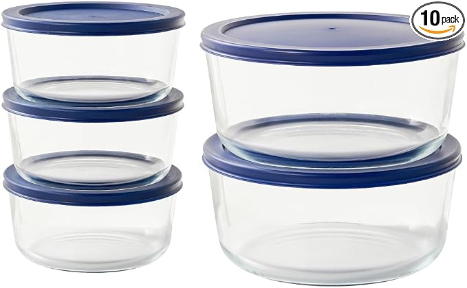 10-Piece Glass Food Storage Containers Set (5 Containers + 5 BPA-Free Lids) | 4-Cup & 6.5-Cup, Leakproof | Microwave, Freezer, Oven & Dishwasher Safe | Ideal for Meal Prep & Pantry Organization, Blue