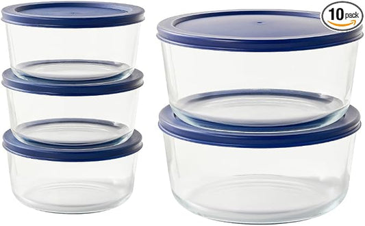 10-Piece Glass Food Storage Containers Set (5 Containers + 5 BPA-Free Lids) | 4-Cup & 6.5-Cup, Leakproof | Microwave, Freezer, Oven & Dishwasher Safe | Ideal for Meal Prep & Pantry Organization, Blue