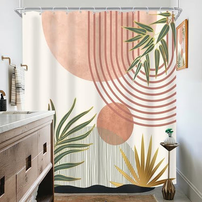 Mid Century Pink Green Boho Abstract Modern Bathroom Shower Curtain Set