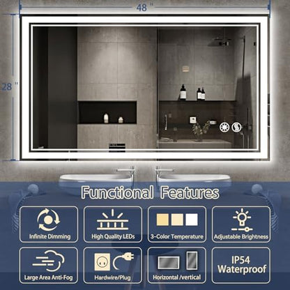 48“ x 28 Bathroom Mirror, LED Mirror for Bathroom, Fogless