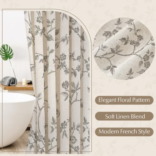 MitoVilla Grey Linen Floral Shower Curtain for Bathroom, 72 x 72