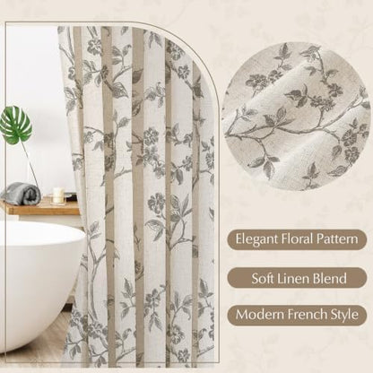 MitoVilla Grey Linen Floral Shower Curtain for Bathroom, 72 x 72