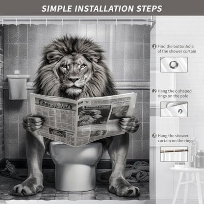 Farmhouse Funny Lion Mens Shower Curtain for Bathroom 72W*72H Inch Black and White Humor Animal Reading on Toilet Bathtub Decor Western Country Animal Waterproof Polyester Fabric Set with 12 Hooks