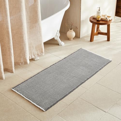 TYUU Waffle Runner Rug Bathroom, Long Boho Bath Mat, 60x24 Grey & White