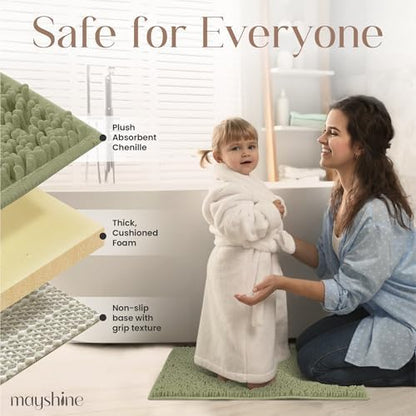 MAYSHINE Plush Shaggy Chenille Bath Mat | Extra Soft, Super Absorbent, Non-Slip Bathroom Rug | Fluffy Microfiber, Area Rug Sets for Bathroom Floor, Kitchen, Living Room | 59"x31" | Sage Green