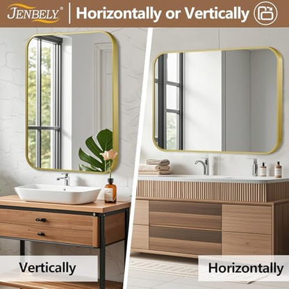 20x30 Inch Gold Mirror, Framed Rectangle Mirror with Rounded Corner, Brushed Brass Mirror, Gold Bathroom Mirror for Over Sink, Vanity, Living Room, Bedroom, Horizontal/Vertical
