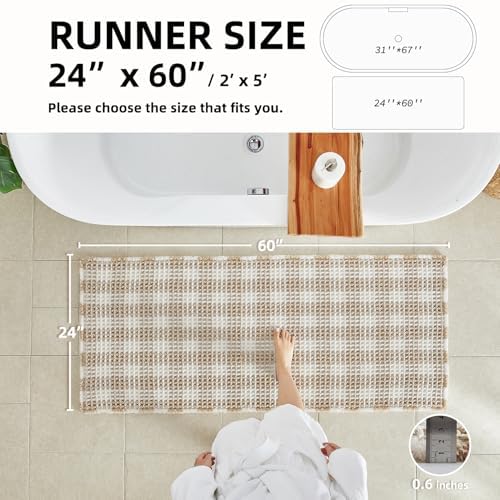 TYUU Waffle Runner Rug Bathroom, Long Boho Bath Mat, 60x24 Khaki & White