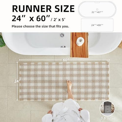 TYUU Waffle Runner Rug Bathroom, Long Boho Bath Mat, 60x24 Khaki & White