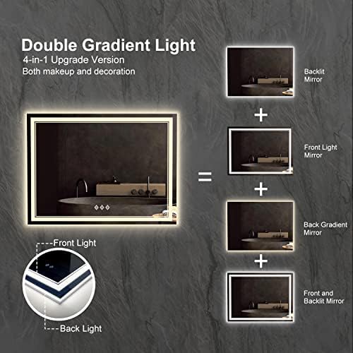 LED Mirror for Bathroom, 48x36 Inch Gradient Front and Backlit Bathroom Mirror, 3 Colors Dimmable CRI>90 Double Lights, IP54 Enhanced Anti-Fog, Hanging Plates Wall Mount LED Vanity Mirror