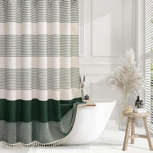 Dark Green Boho Linen Striped Shower Curtain with Tassel 72"W X 72"L