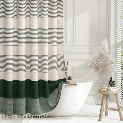 Dark Green Boho Linen Striped Shower Curtain with Tassel 72"W X 72"L