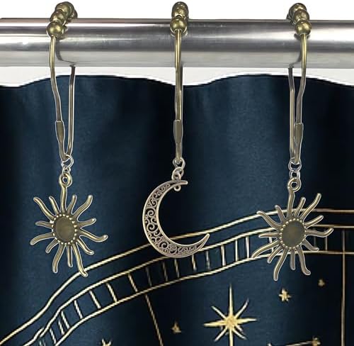 Celestial Shower Curtain Hooks 12 Pack of Sun and Moon Decor Theme Comes with a Bronze Shower Curtain Hooks for Celestial Boho Goth Witchy Shower Curtain (12)