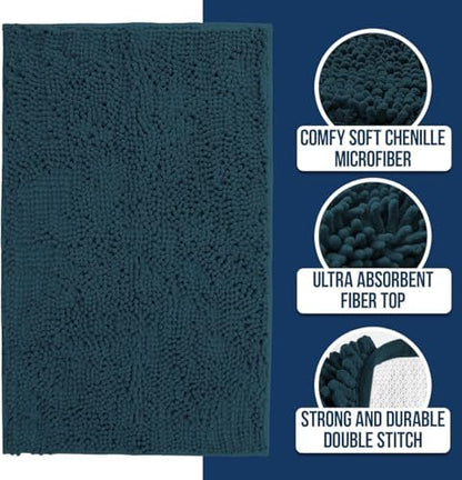 Muddy Mat® | Chenille Bathroom Rugs Quick Dry Microfiber Mats Non Slip Washable, Extra Thick, Soft and Highly Absorbent Bath Mats for Bathroom, Kitchen, and Shower Floor - Atlantic Blue 36"x60"