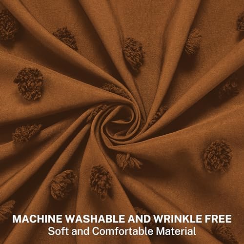 Extra Long Boho Farmhouse Shower Curtain Woven Fabric Pumpkin Orange Shower Curtain, 72 x 78 Tufted Pleat Floral Puffs Textured Modern Farmhouse Minimalist Shower Curtain Set with Hooks for Bathroom
