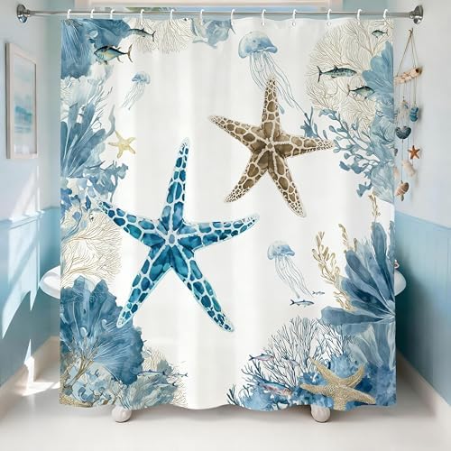 Blue Beach Shower Curtain for Bathroom, Ocean Coastal Theme, 72x72 In
