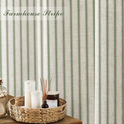 Farmhouse Striped Shower Curtain Green Vintage Linen Curtain 72"W X 72"L