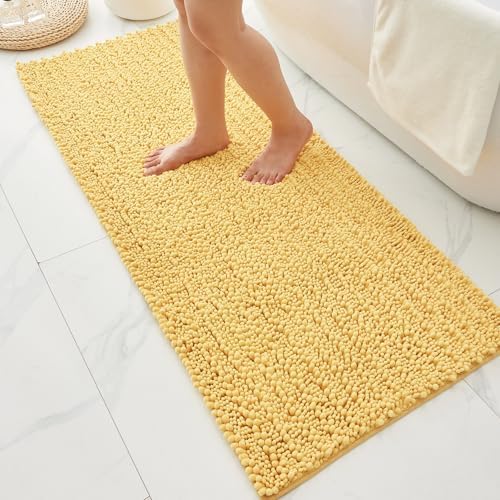 Bathroom Rugs Non Slip Washable 44x24, Extra Thick Soft Chenille Absorbent Bath Mat, High Density Barrier Non Slip Backing, Quick Dry Plush Shaggy Floor Carpet for Tub&Shower, Yellow