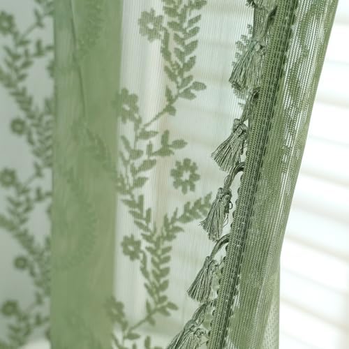 WAZZIO Dark Sage Green Lace Shower Curtain for Bathroom 72" W x 84" L, Victorian Farmhouse Floral Pattern Tassel Fancy Shower Curtain Boho Washable Cloth Decorative Bath Curtains,1 Panel
