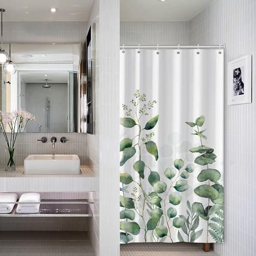 AWERT Small Half Size Stall Shower Curtain with 6 Hooks Shower Stall Curtain 36 x 72 Plant Sage Green Leaves 36 inch Bathroom/RV and Camper (Green Leaves)