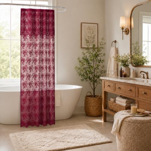 YJ YANJUN Burgundy Lace Stall Shower Curtain 36 x 72 Inch, Vintage Floral