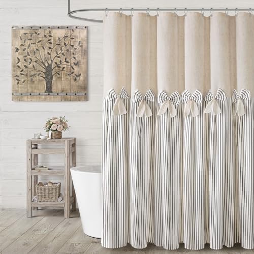 Farmhouse Shower Curtain Linen Bow Pleated Grey Stripe 72"W x 78"L