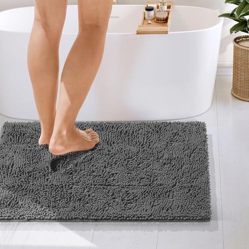 Hearth & Harbor Bathroom Rugs, Chenille Bath Mat - Machine Washable Bath Mats for Bathroom Non-Slip Backing Rubber, Quick Dry Bathroom Mat - Grey 24x36