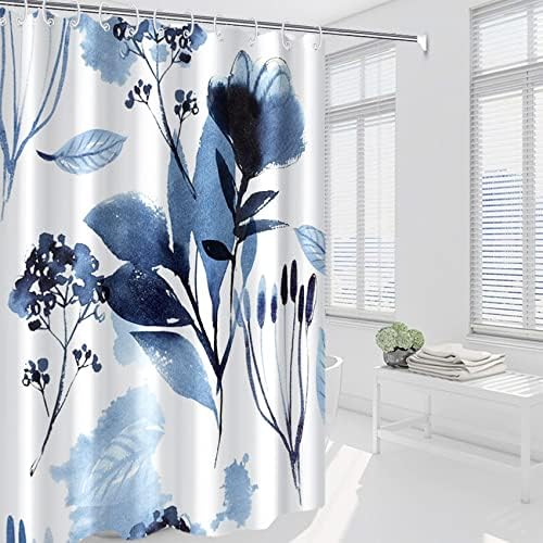 AWERT Blue Floral Shower Curtain for Bathroom Watercolor Ink Flowers Shower Curtain with Hooks Waterproof Fabric Bathroom Decor 72x84inch
