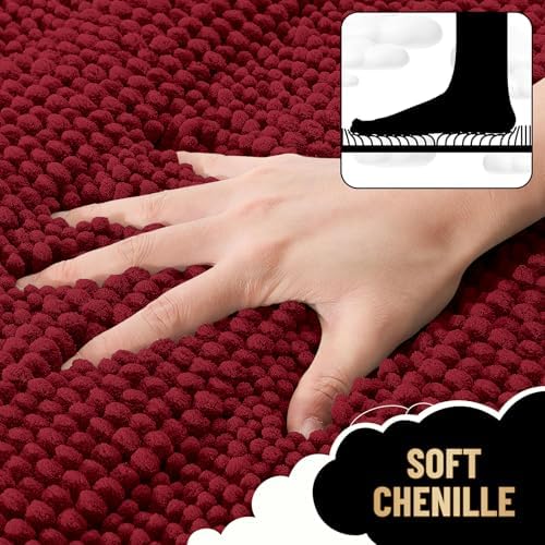OLANLY Thick Bathroom Rugs 36x24, Soft Chenille Striped Bath Rugs, Red
