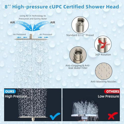 Hibbent All Metal CUPC Certified 8'' Rainfall Shower Head, Dual Shower Head Combo, High Pressure Handheld 4 Sprays Shower Wand, 16'' Adjustable Extension Arm, 71'' Hose, Shower Holder, Brushed Nickel