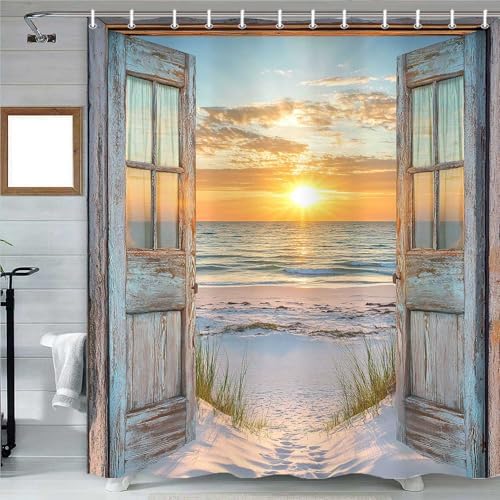 Beach Coastal Shower Curtain, Ocean Barn Door Nautical Sunrise Seaside Seascape Wave Decor Bath Curtains, Rustic Wood Teal Turquoise Bathroom Accessories Fabric Waterproof with Hooks, 72X84in