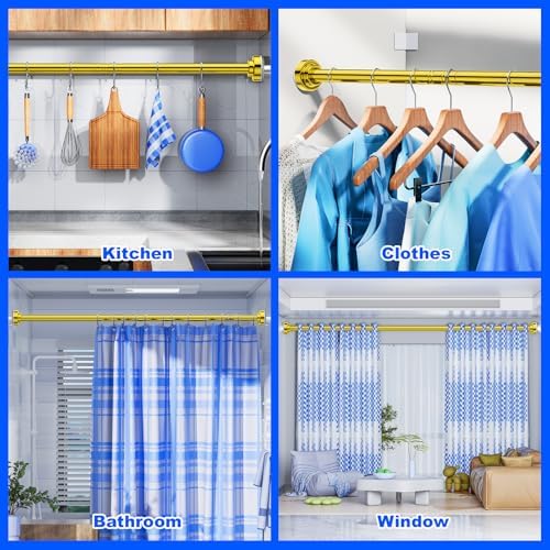 Ausemku Shower Curtain Rod - 32-104 Inch Rustproof Tension Rod, Non-Slip Spring Design, No Drilling Adjustable Curtain Rod for Bathroom, Kitchen, and Closet（Gold）