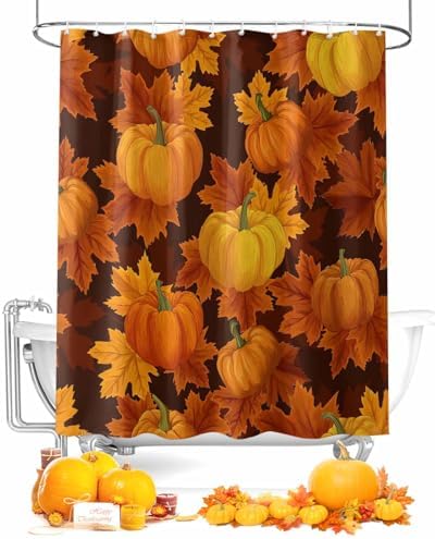 Shower Curtain Bathroom Set Thanksgiving Pumpkin Fall Orange Maple Leaf Waterproof Shower Curtains with Grommets Hooks Autumn Watercolor Leaves Privacy Bath Curtain for Bathtub Decor 72x72in