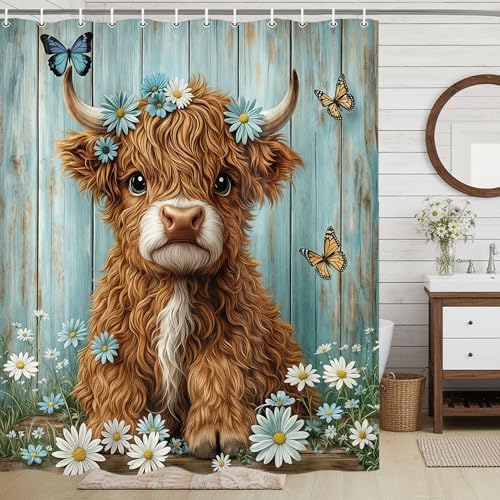 Cow Shower Curtain, Farmhouse Rustic Floral Daisy Funny Highland Cow Shower Curtains for Bathroom, Cute Calf Country Farm Animal Bathroom Decor with Hooks, 70x72 inch