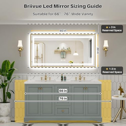 60x30 Inch LED Bathroom Mirror with Gold Frame, Backlit & Front Lit