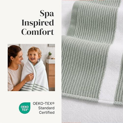 Modern Threads 6 Piece Bath Towel Set – Bathroom Towel Set with 2 Bath Towels, 2 Hand Towels & 2 Washcloths – 100% Cotton, Soft & Absorbent – Classic Border Stripe (Green)