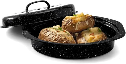13” Enamel Roaster With Lid Oval Roasting Pan For Oven,Turkey Roaster Pot Broiler Pan Chicken Vegetables Suitable For Dining With Two People High Cookware Small Baking Pan