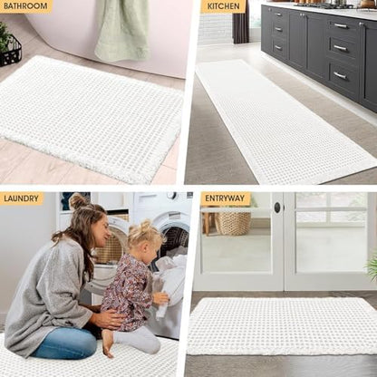 IM HOME Waffle Bath Mat White 5'x2', Boho Woven Modern Bath Mat Rugs, Absorbent Non Slip Bathroom Rugs, Soft Washable Bath Rugs with Tassels for Bathroom, Bedroom, Kitchen, Shower, Tub