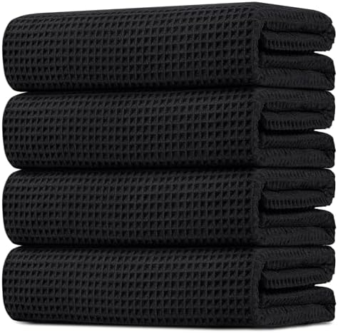 HOMEXCEL Black Waffle Bath Towels Set of 4 Pack, Waffle Towels for Bathroom