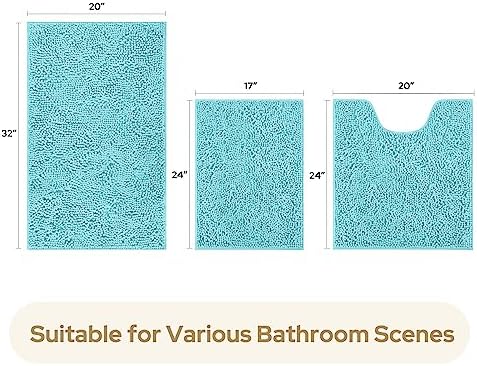 HOMEIDEAS Aqua Blue Chenille Bathroom Rugs Set of 3, Non Slip Bath Mat