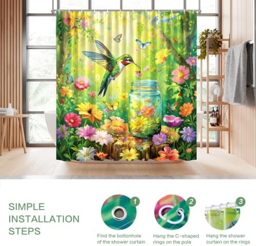 Floral Hummingbird Shower Curtain for Bathroom with Hooks Green 72x72