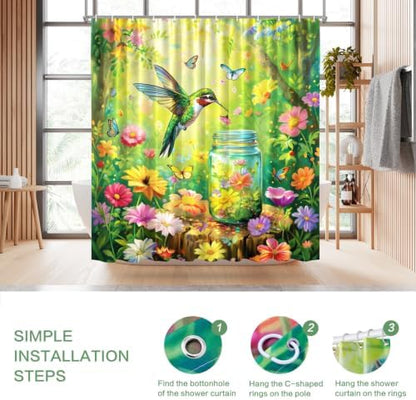 Floral Hummingbird Shower Curtain for Bathroom with Hooks Green 72x72
